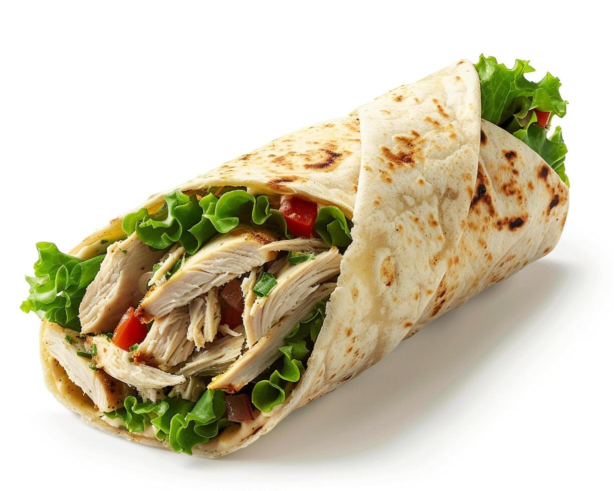 a chicken wrap with lettuce and tomatoes on a white background photo