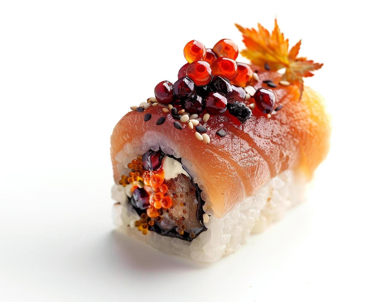 a sushi roll with red and orange vegetables and seeds photo
