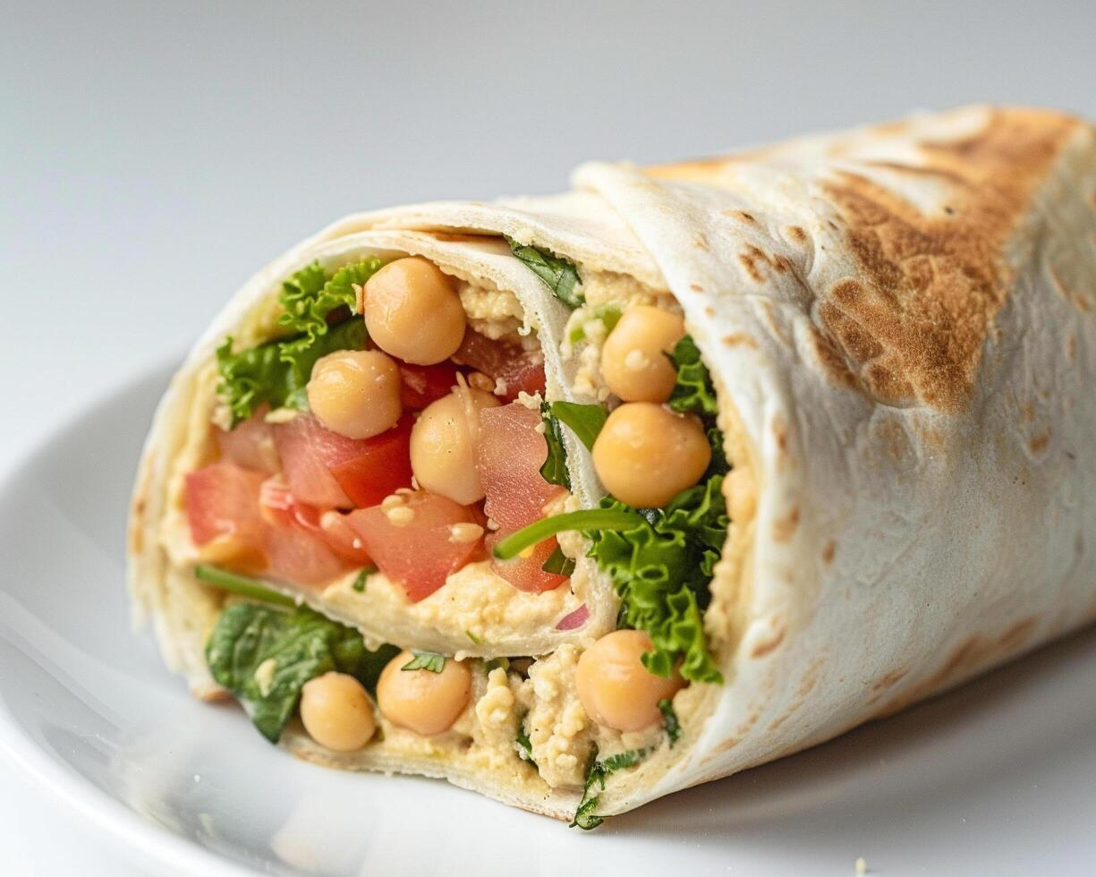 a wrap with chickpeas, tomatoes and spinach on a white plate photo