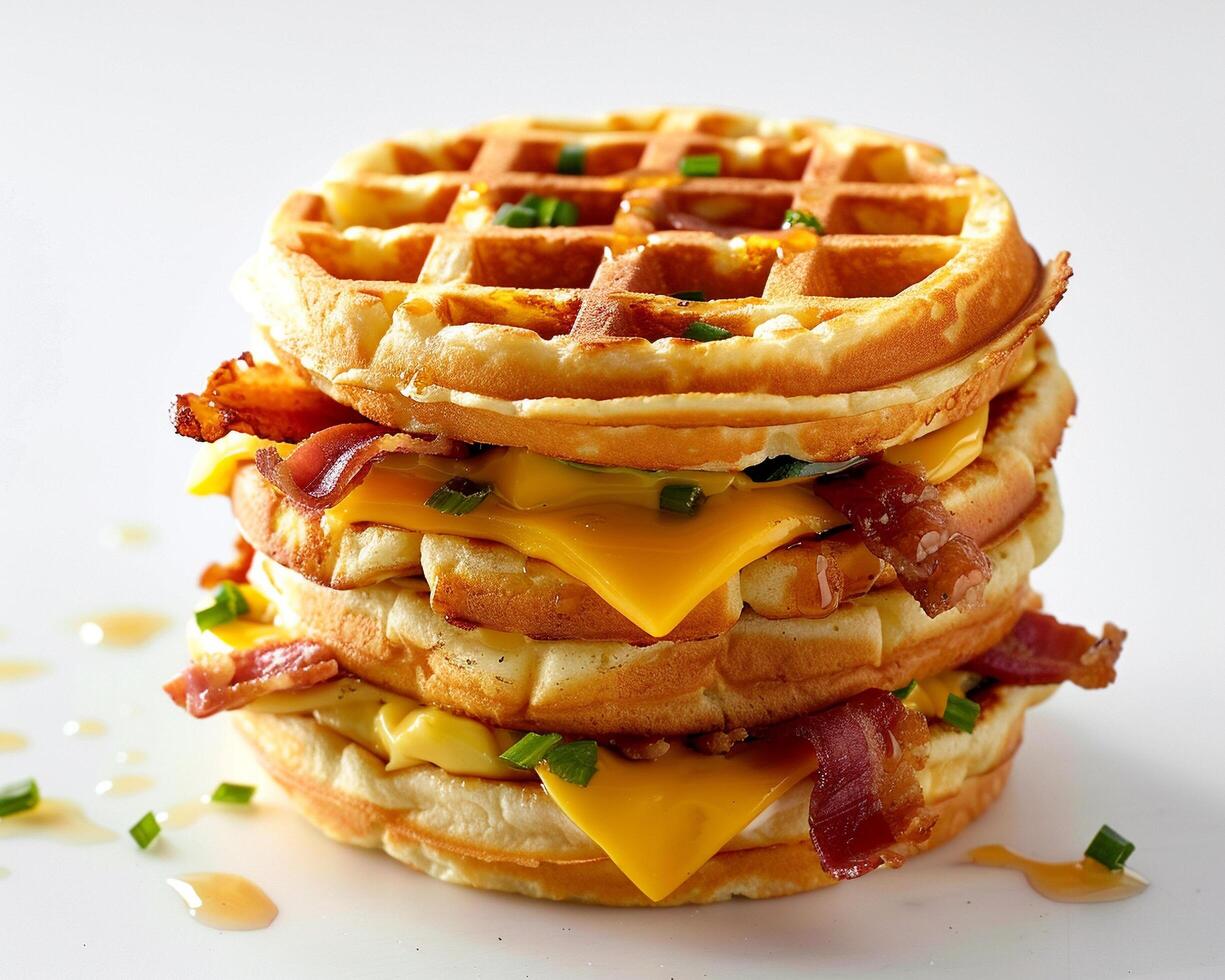 a stack of waffles with cheese and bacon photo