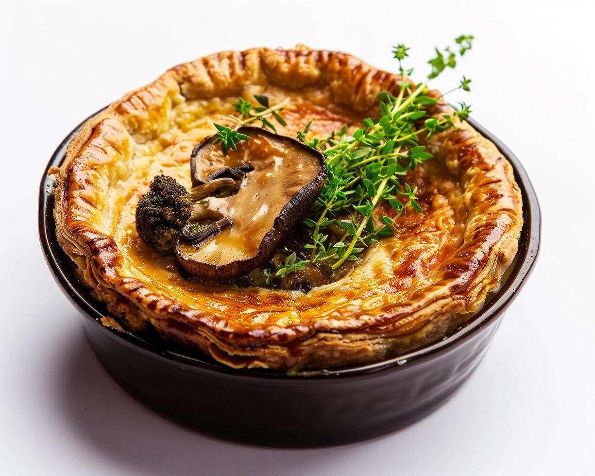 a pie with mushrooms and herbs on top photo