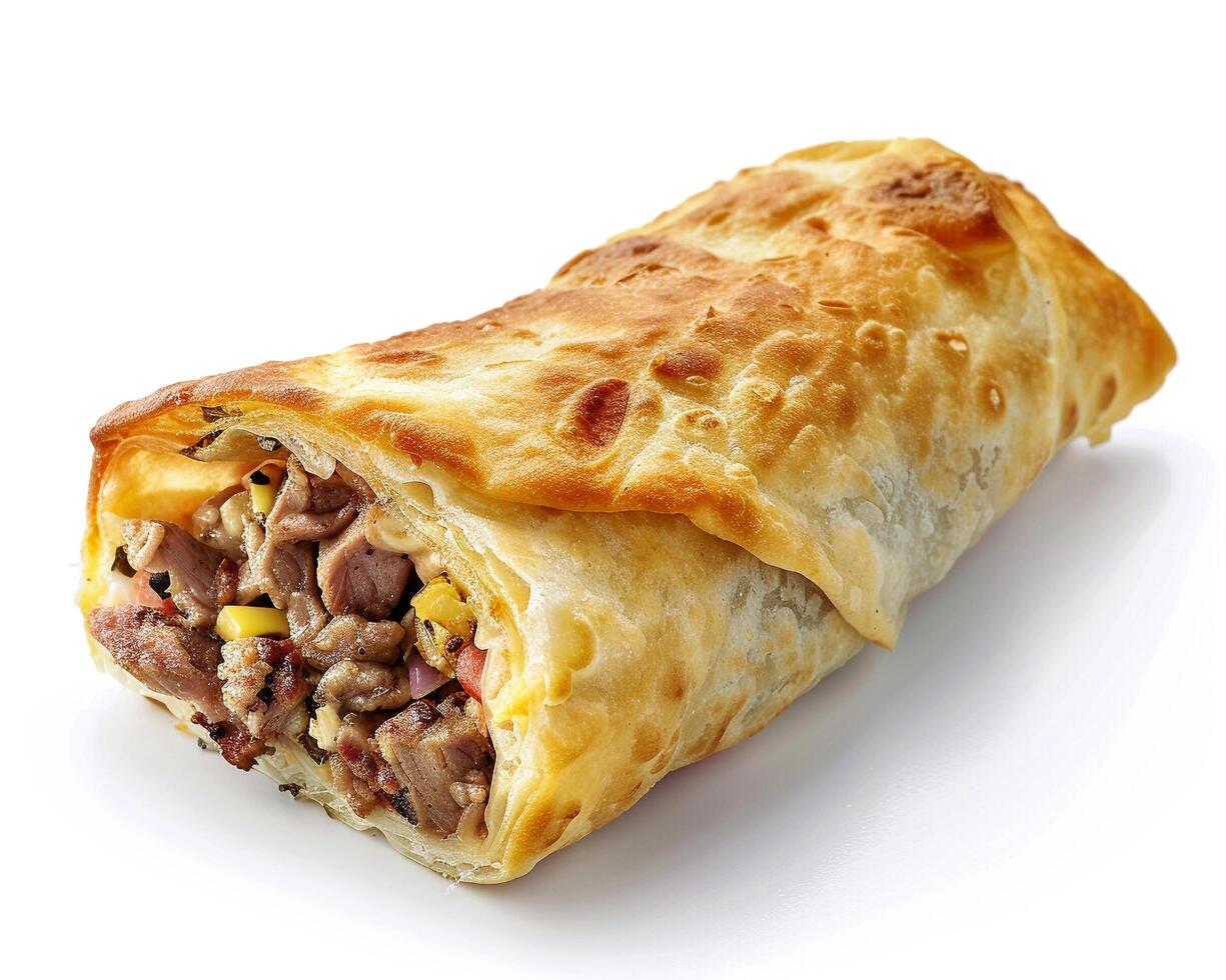 a meat and cheese burrito on a white background photo