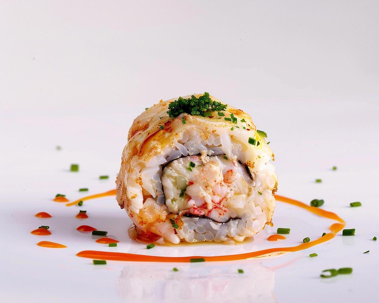 a sushi roll with a sauce on top photo