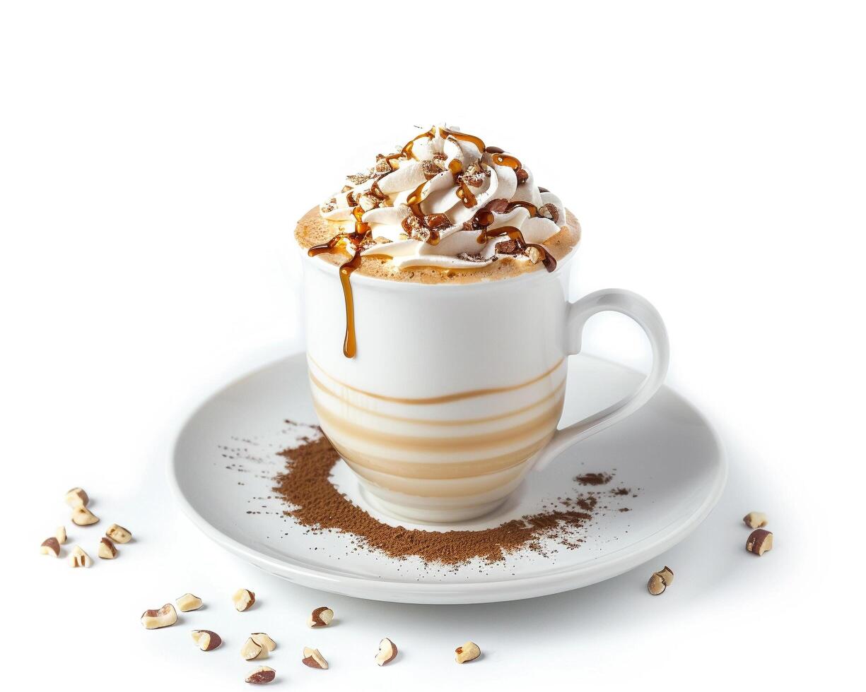 a coffee cup with whipped cream and nuts photo
