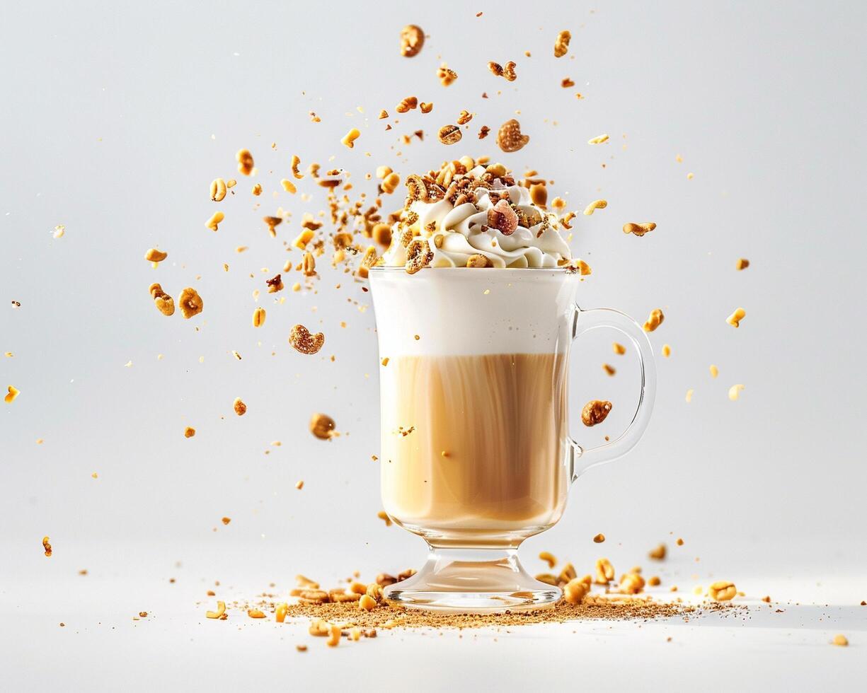 an iced coffee with whipped cream and nuts photo