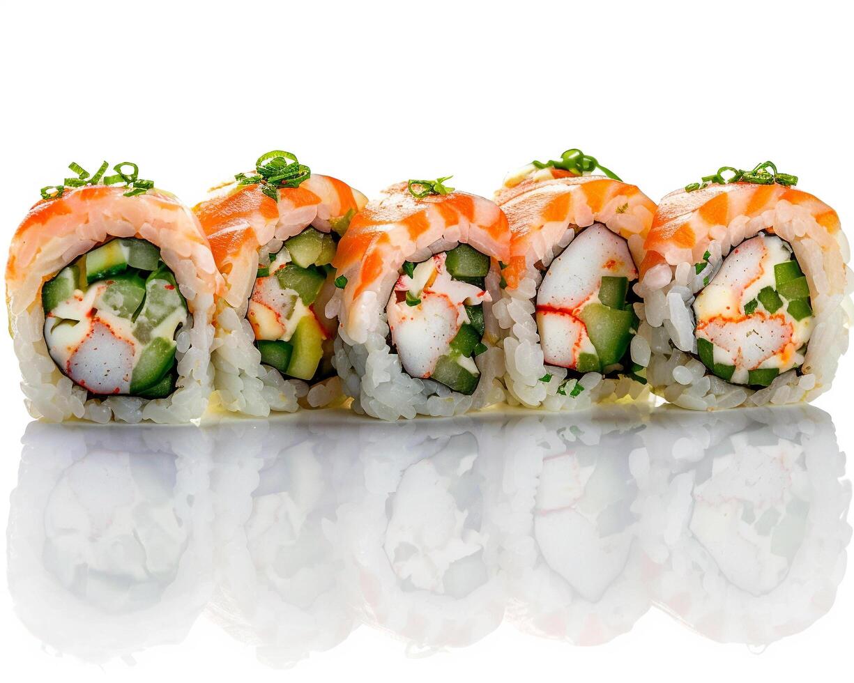 a sushi roll with shrimp, cucumber and green onions photo