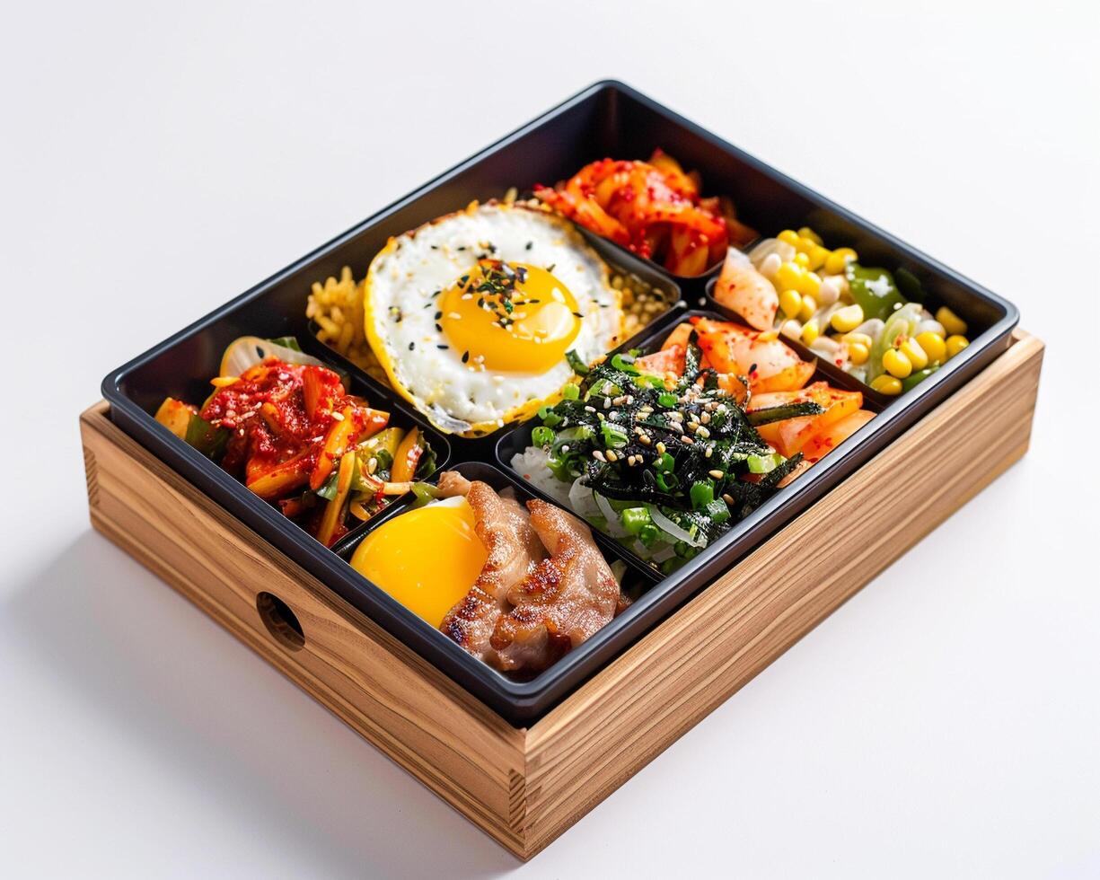 a bento box with food on a white surface photo