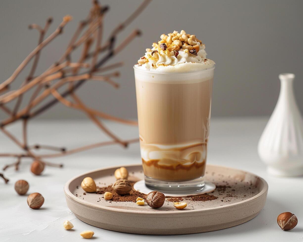 a coffee drink with nuts and cream on top photo