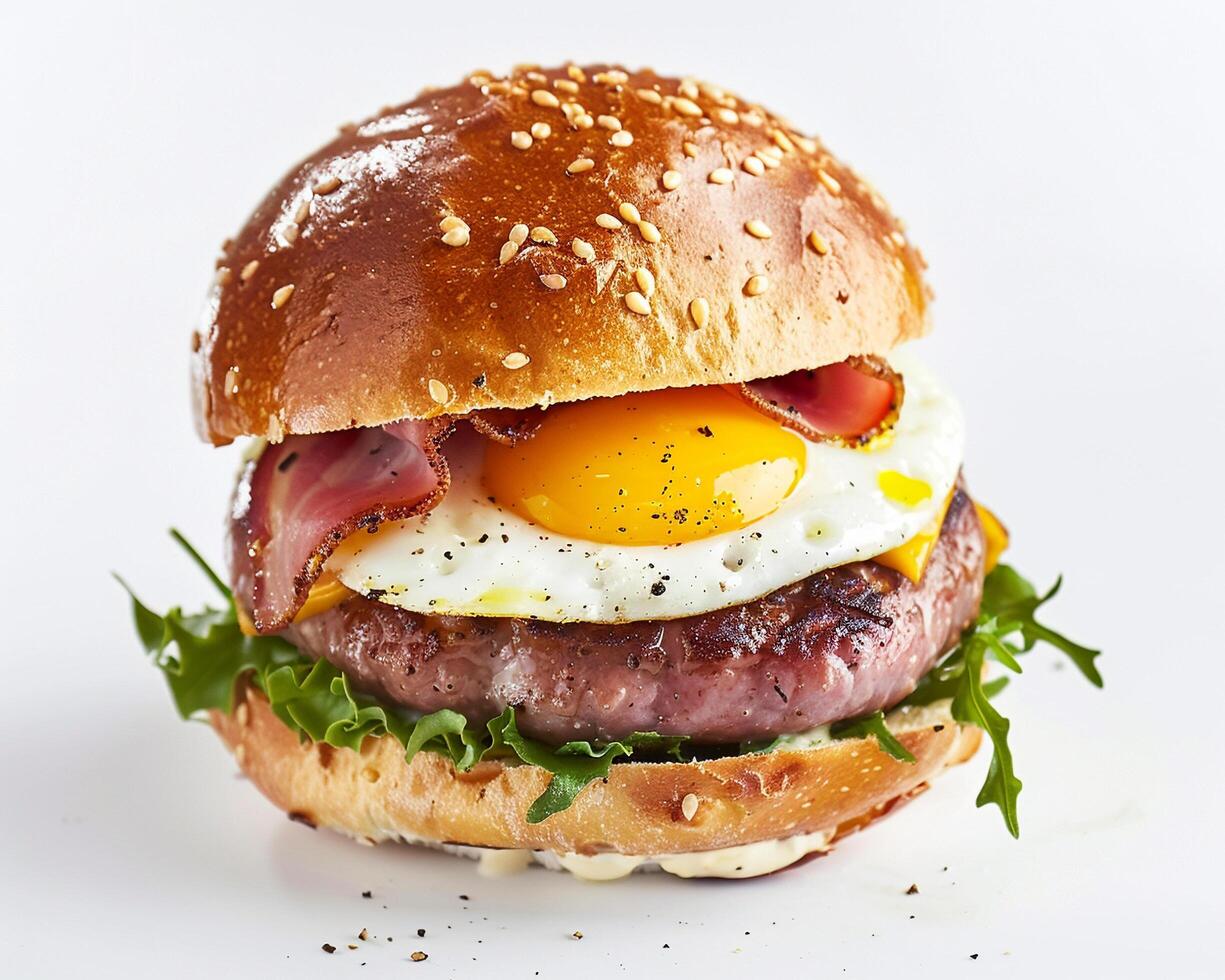 a hamburger with bacon and an egg on it photo