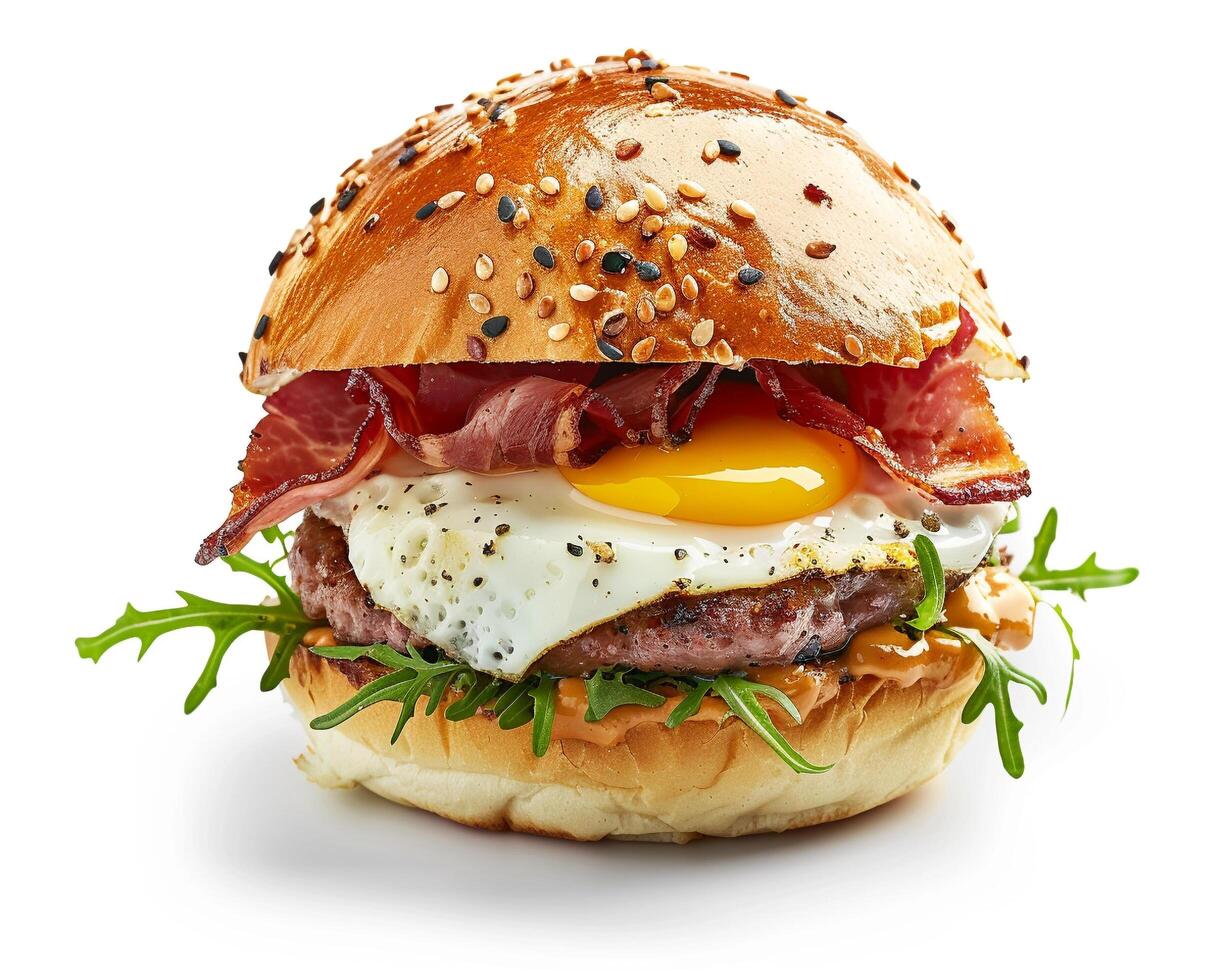 a hamburger with bacon, eggs and lettuce photo