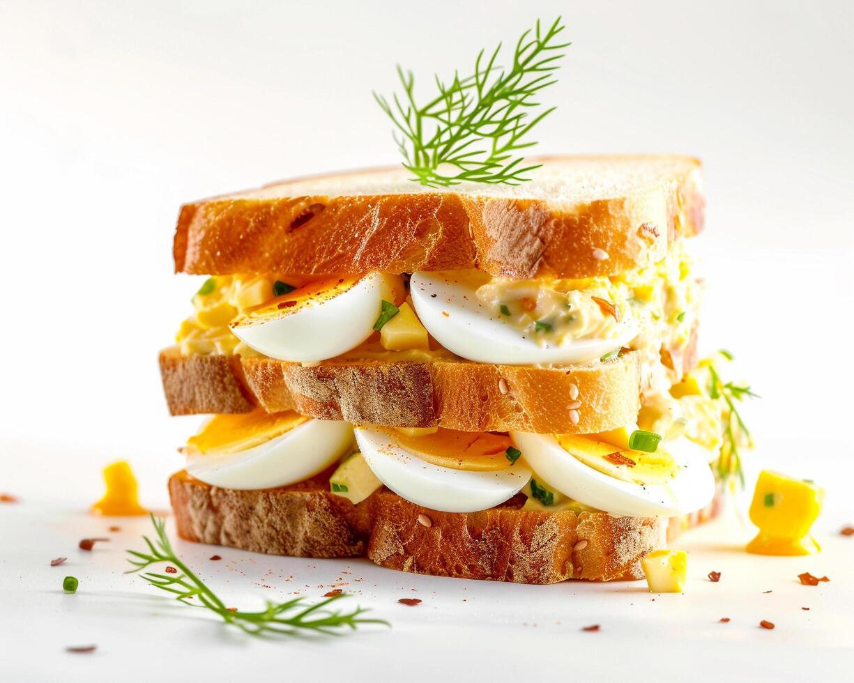 a sandwich with eggs and herbs on top photo