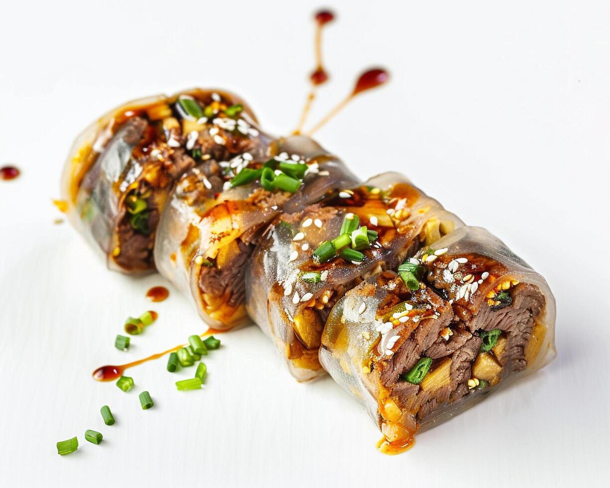 a piece of meat and vegetables wrapped in a roll photo