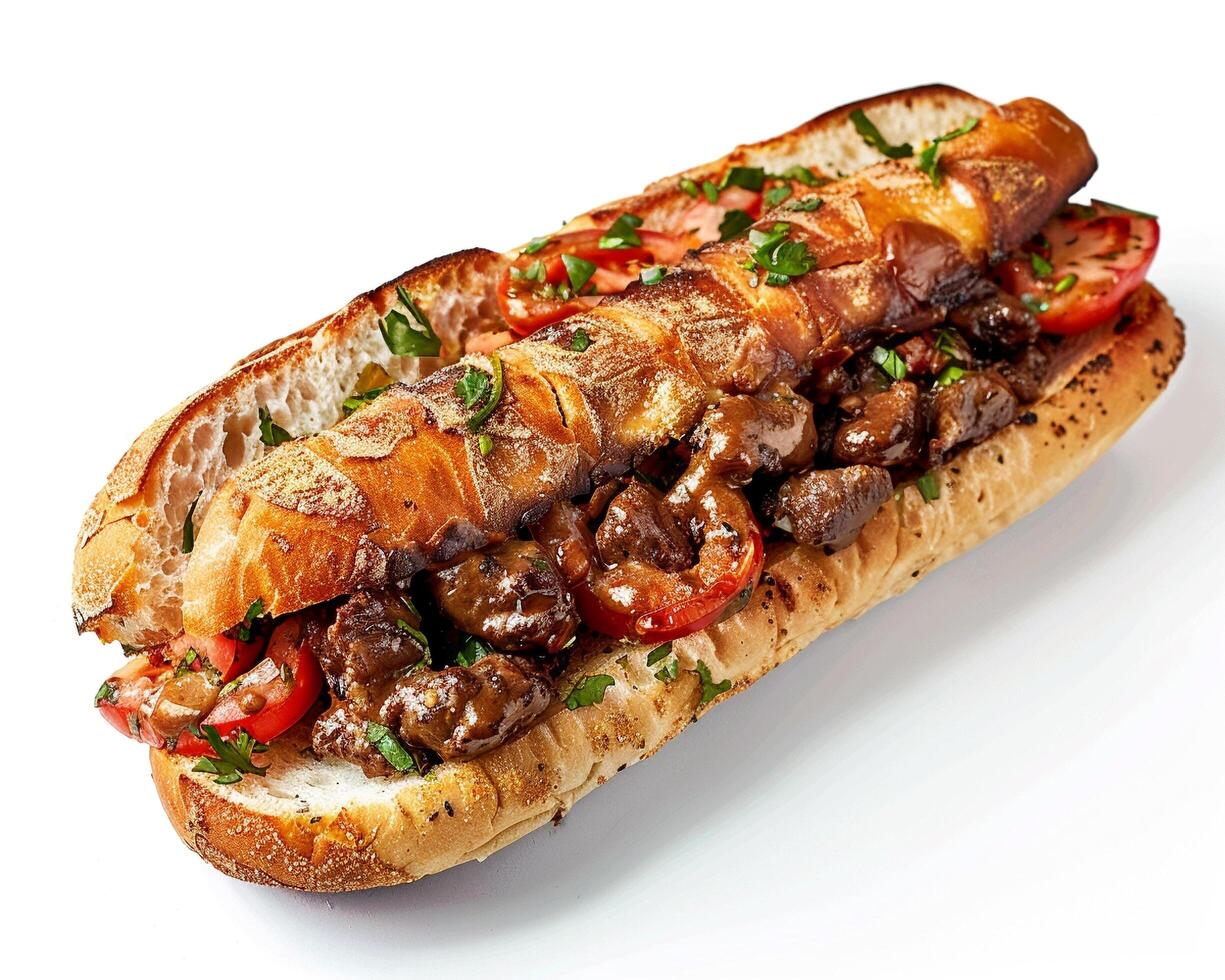 a sandwich with meat and vegetables on a white surface photo