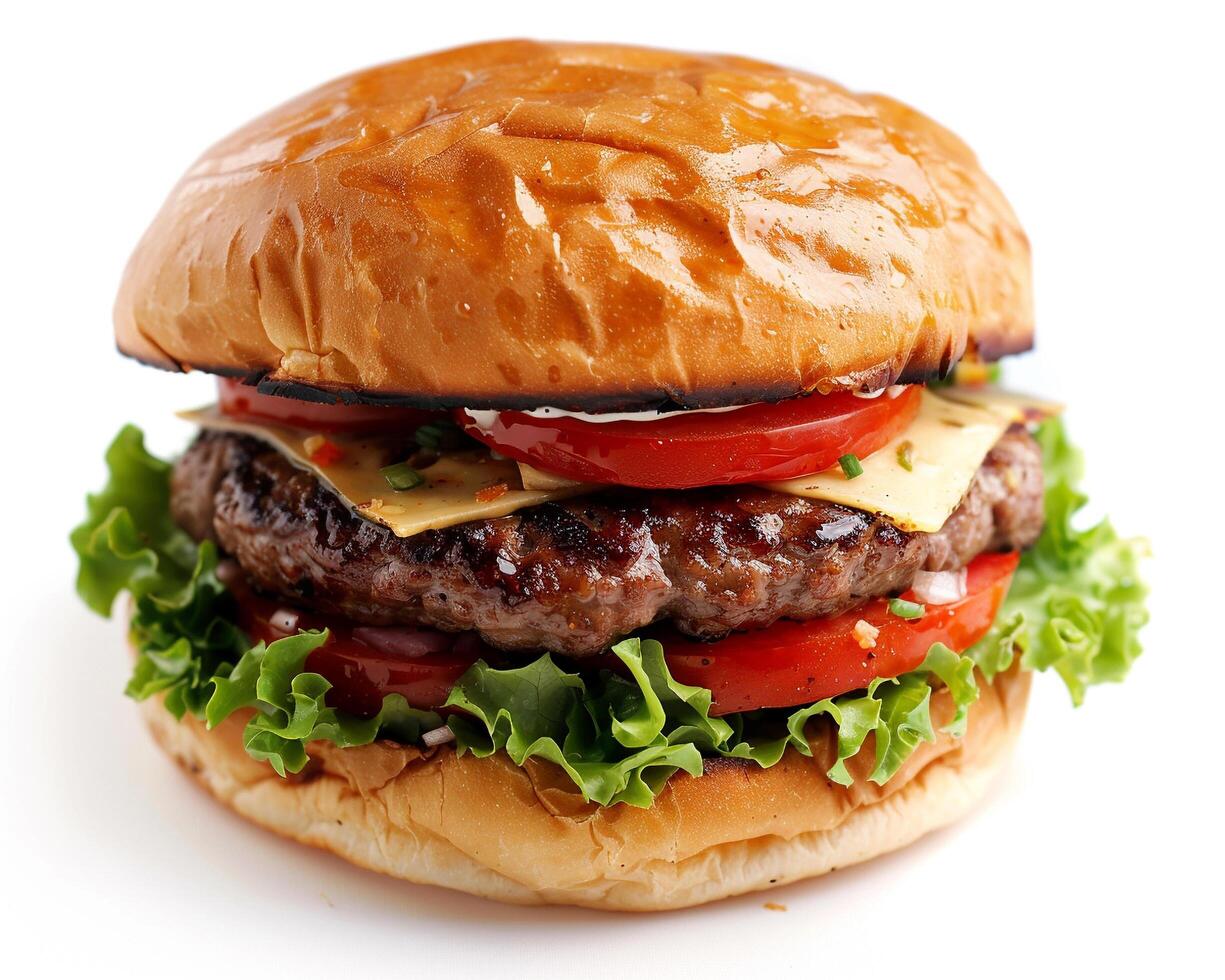 a hamburger with cheese, lettuce and tomato photo