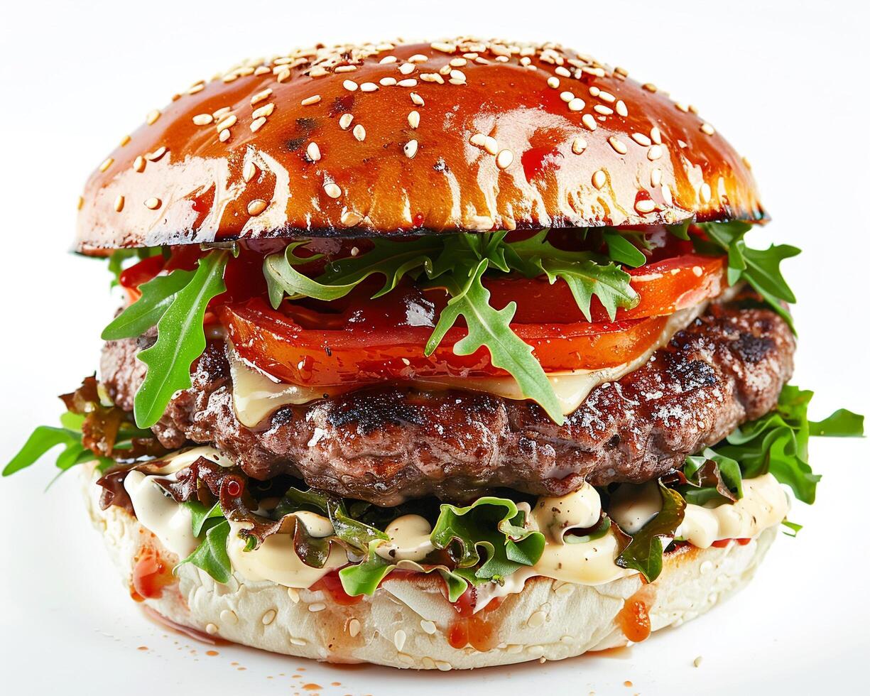 a hamburger with lettuce and tomato on a white plate photo