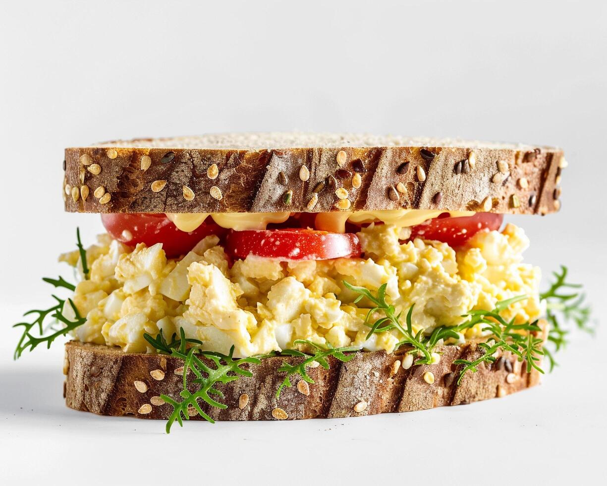 a sandwich with egg, tomato and lettuce on white background photo