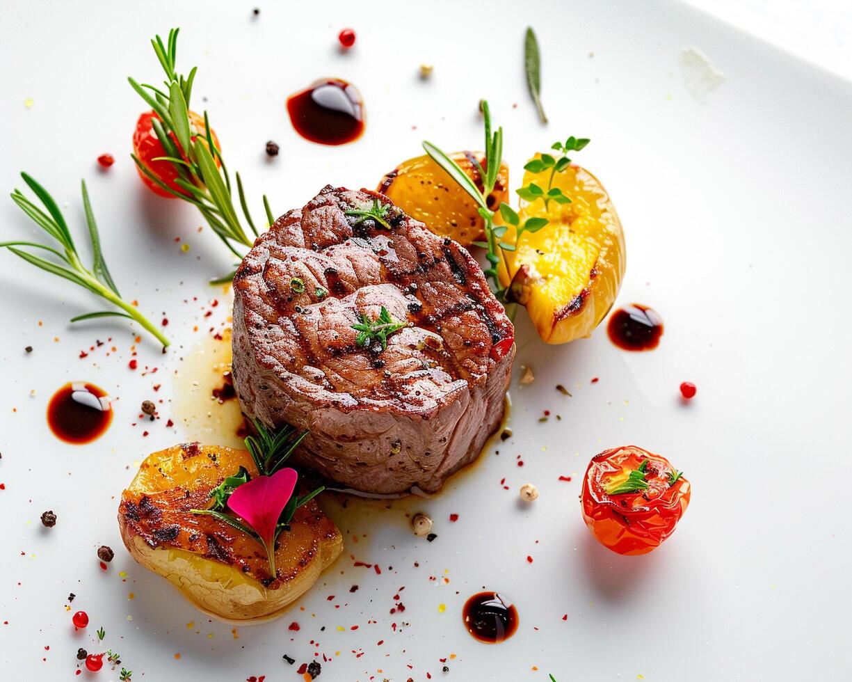 a white plate with a steak and potatoes photo