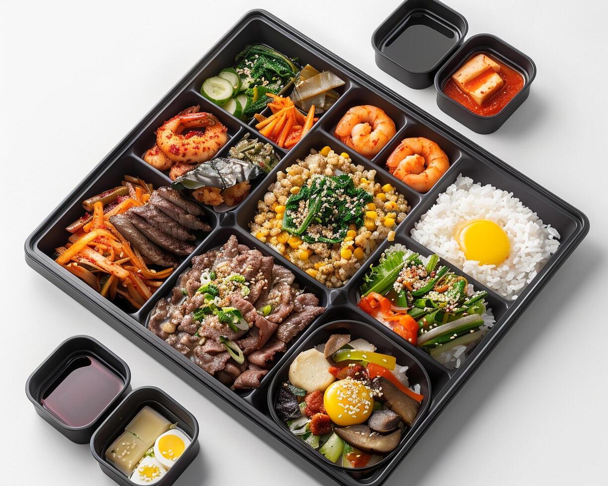 a bento box with various types of food photo