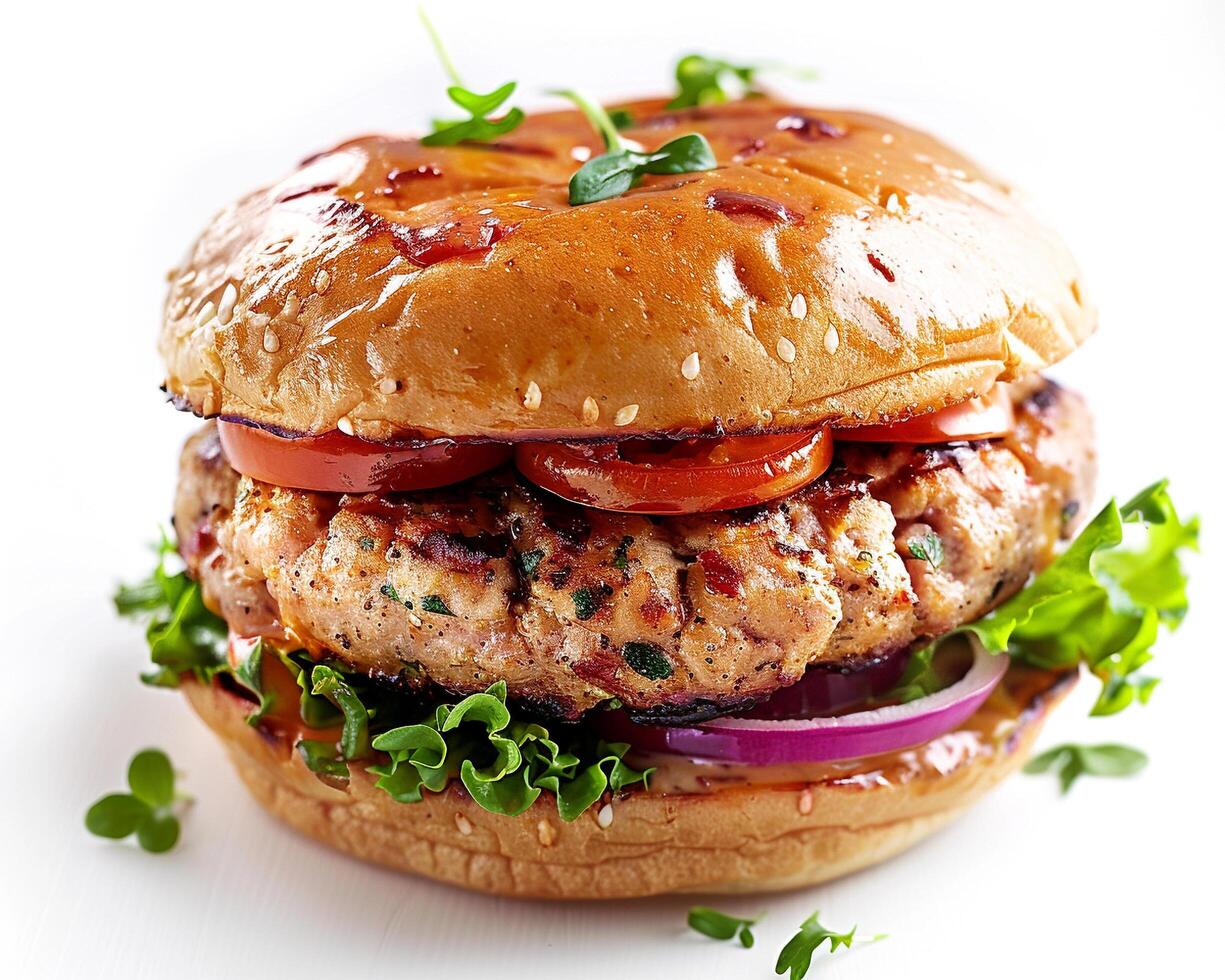 a hamburger with tomatoes and onions photo
