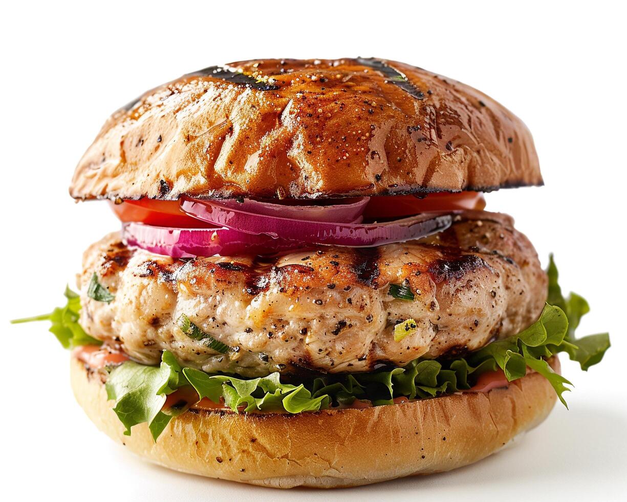 a hamburger with vegetables and meat on a bun photo