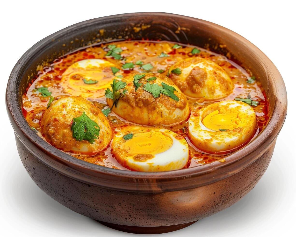 a bowl filled with eggs and sauce on a white background photo
