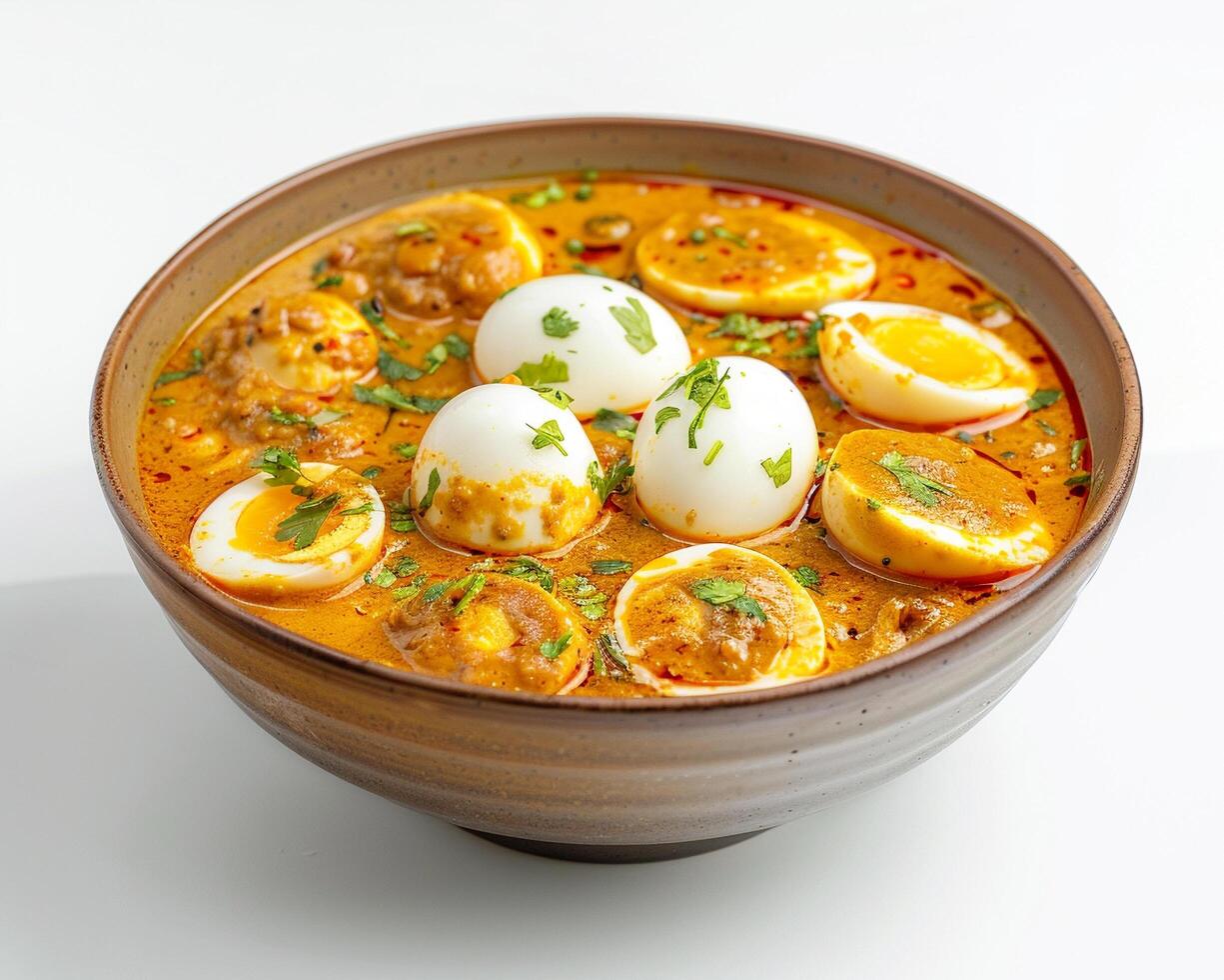 a bowl of curry with eggs and onions photo