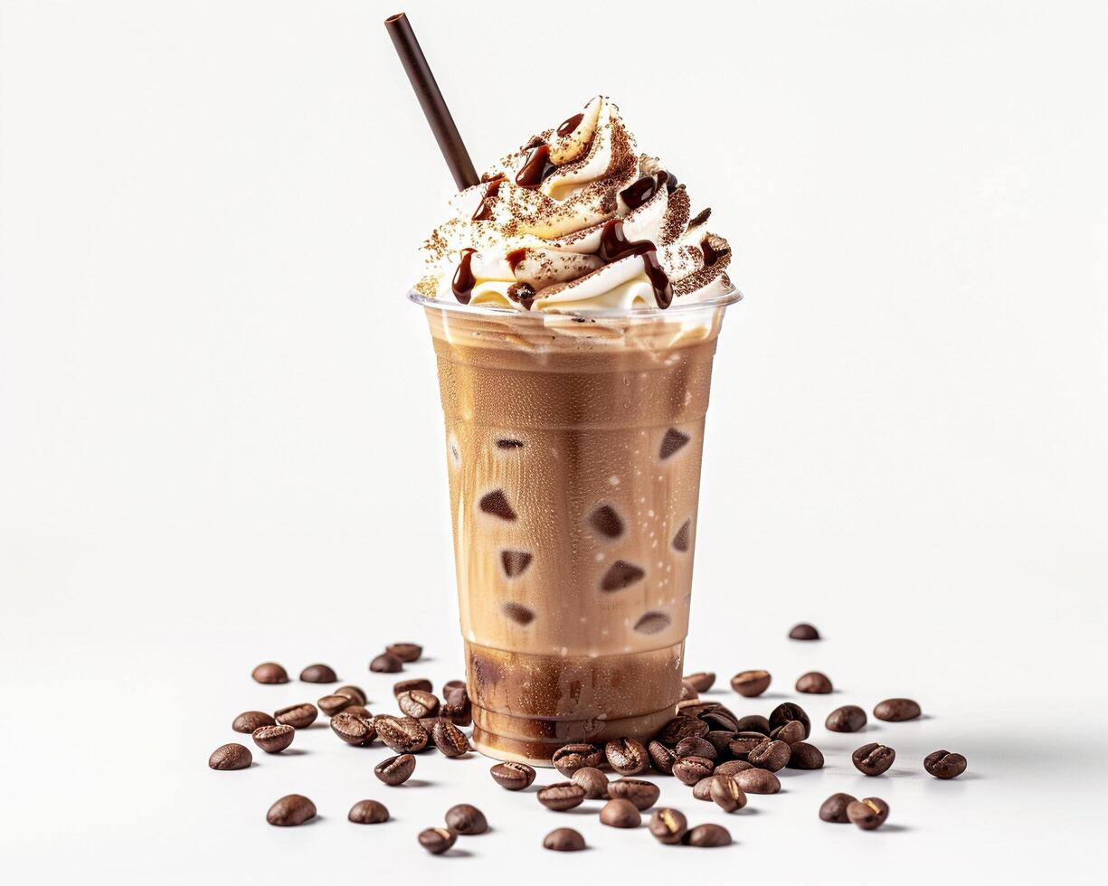 an iced coffee with whipped cream and chocolate chips photo