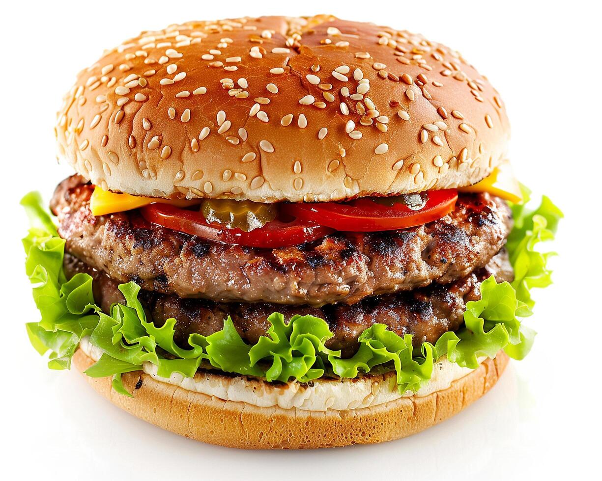 a hamburger with lettuce and tomato on a white background photo