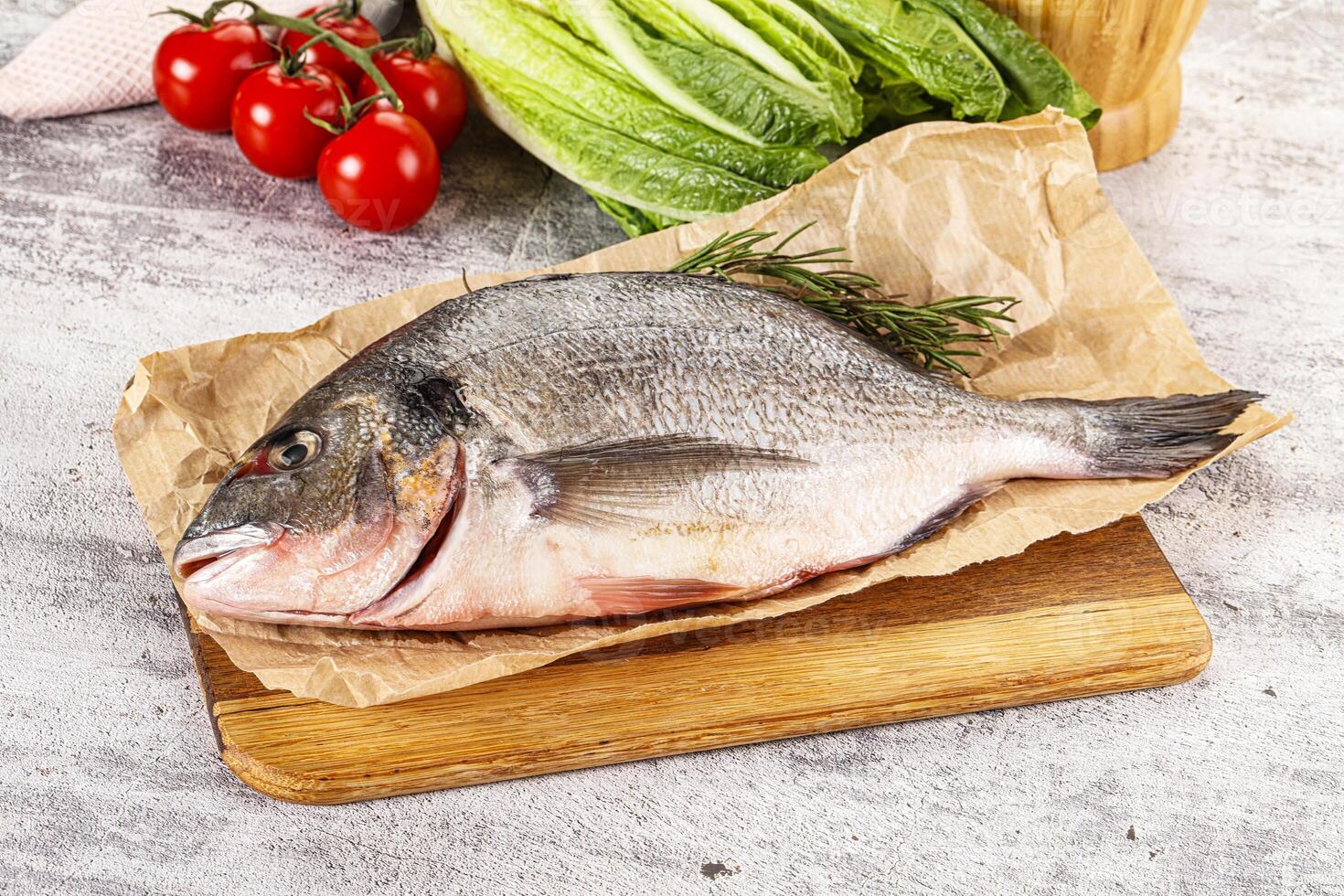 Raw dorada fish served rosemary photo