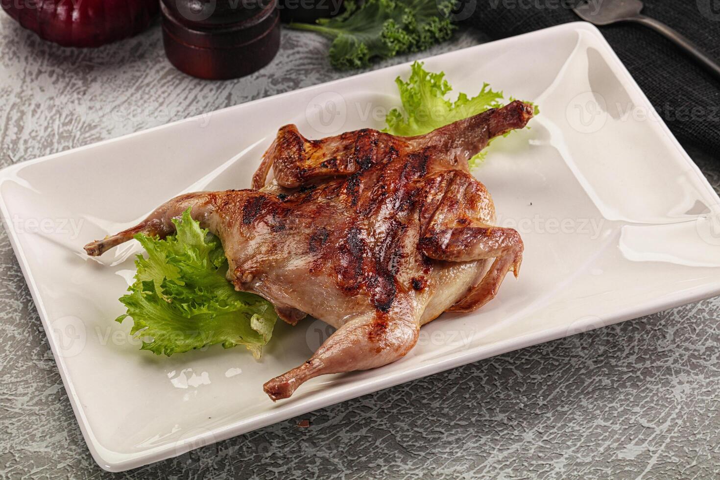 Grilled quail in the plate photo