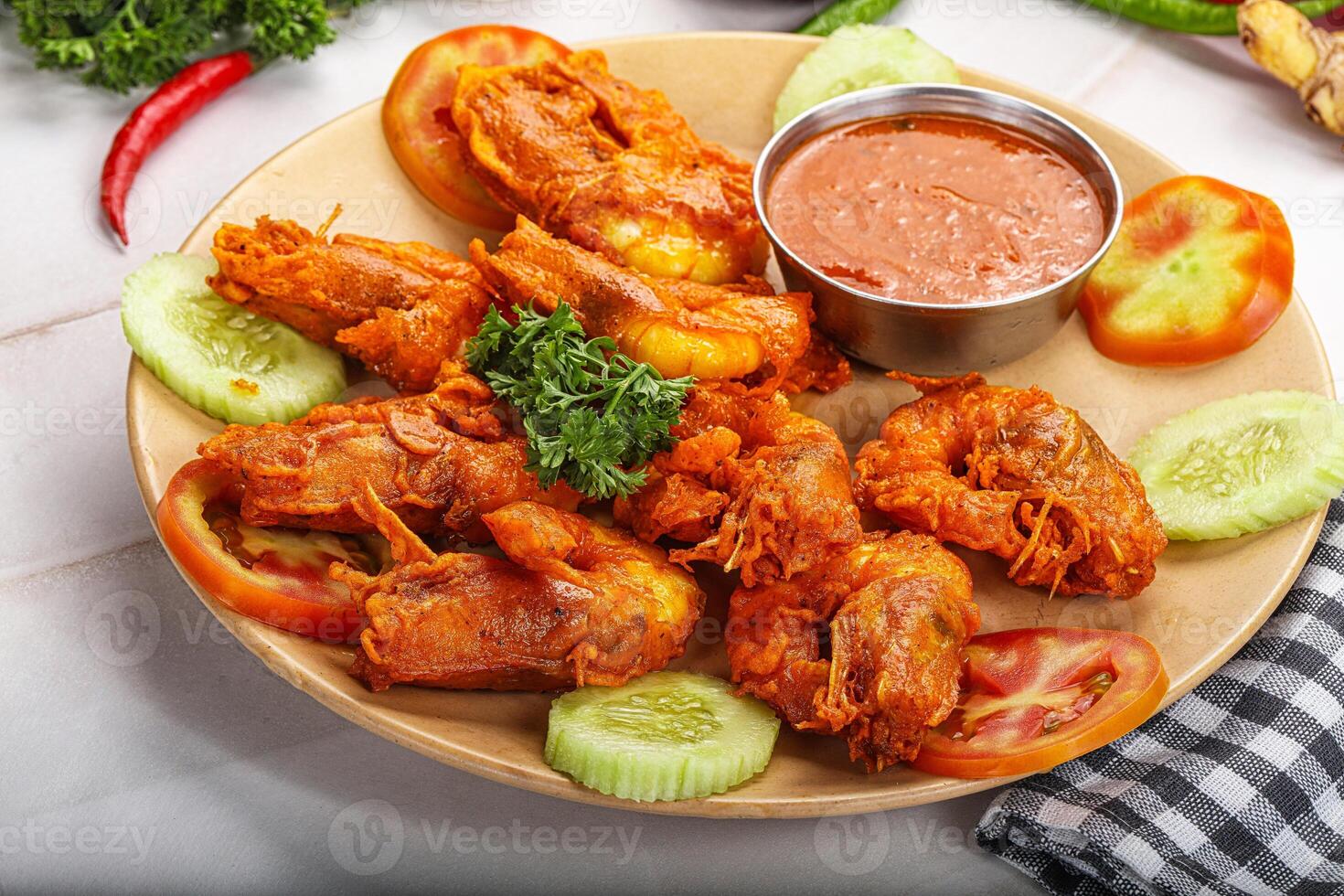 Golden fry prawn with sauce photo