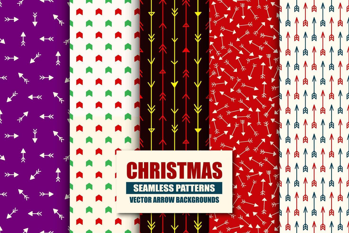 Collection of seamless arrows patterns - new year holiday prints. Colorful festive backgrounds. Can be used as wrapping paper, textile covers, wallpaper, christmas decorations etc vector