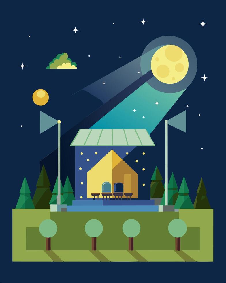 Under the starry night sky the solarpowered stage illuminates the outdoor movie screening with its sustainable energy.. illustration. vector