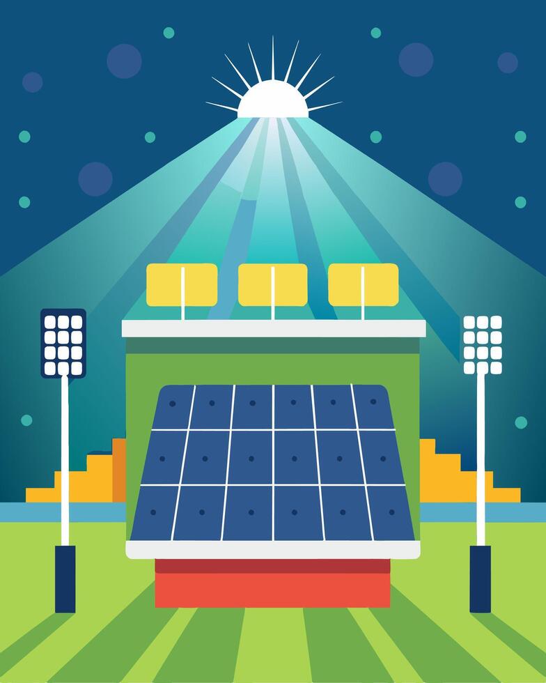 Utilizing clean solar energy the stadium lights were able to shine brightly for the entire game without a single watt of electricity from nonrenewable sources.. illustration. vector