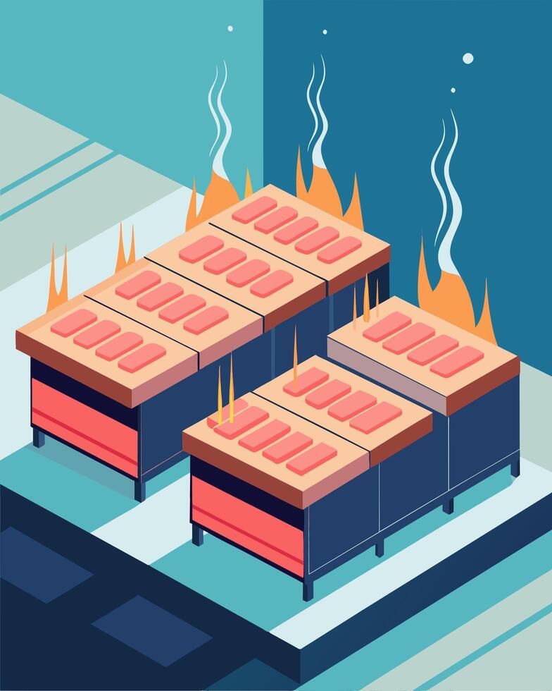 The smell of heated silicone permeates the air as the panels are attached to their frames and cured in large ovens.. illustration. vector