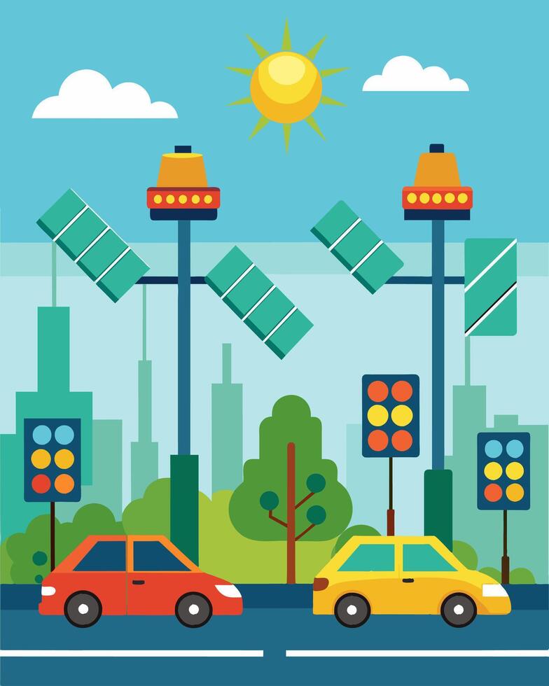 The solarpowered traffic lights were a practical and ecofriendly solution to the growing traffic congestion in the city.. illustration. vector
