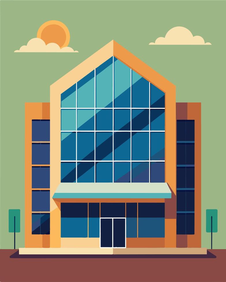 The sunkissed facade of a commercial structure is adorned with a grid of solar panels.. illustration. vector