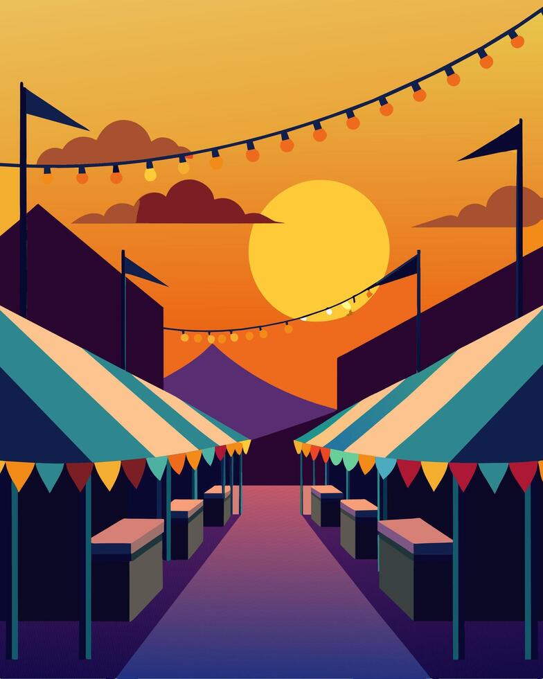 The sun sets behind a row of vibrant market stalls each one equipped with solar panels that power the ling string lights strung above them.. illustration. vector