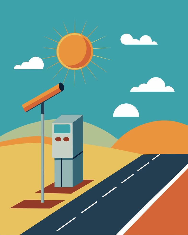 The sun beats down on the deserted highway but the solarpowered charging station remains fully functional providing a glimmer of hope to any travelers in need.. illustration. vector