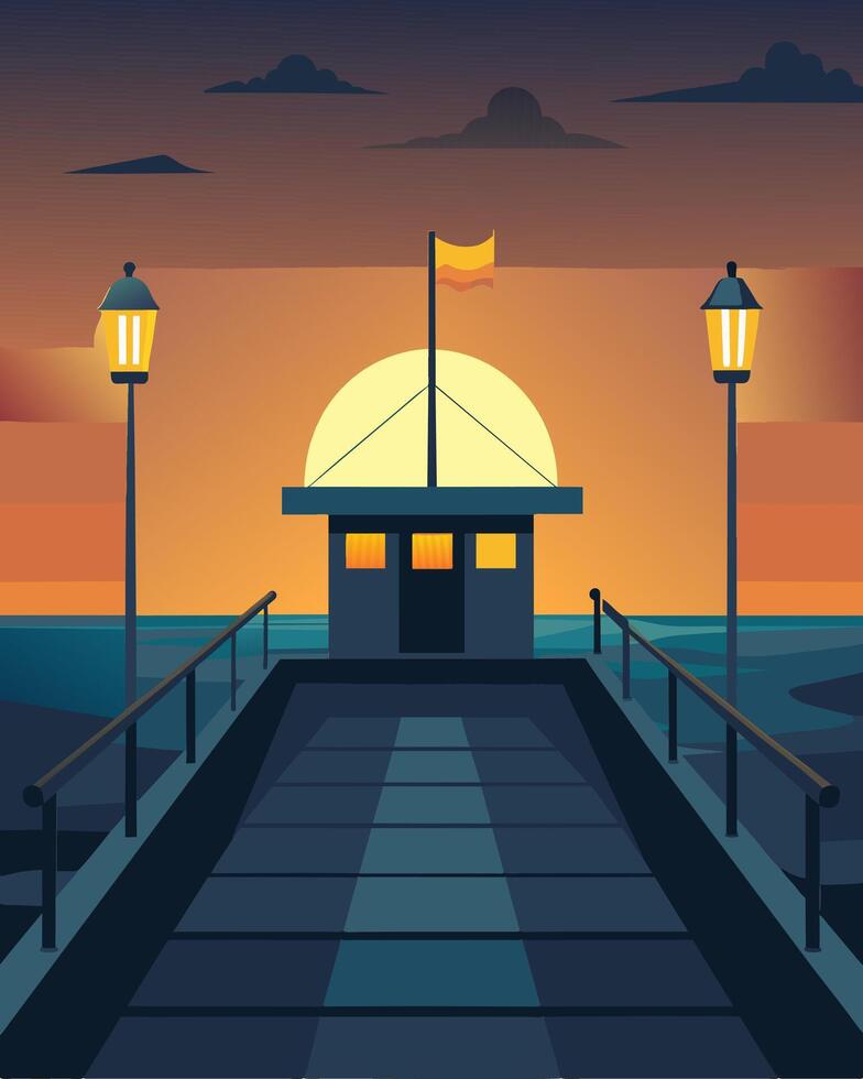 The soft glow of solarpowered lights illuminating the deck of a fishing boat as it heads back to shore at sunset.. illustration. vector