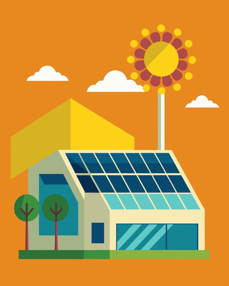 The sun was effectively harnessed by the shopping centers solar panels providing a renewable source of energy to power the daily operations of the mall.. illustration. vector
