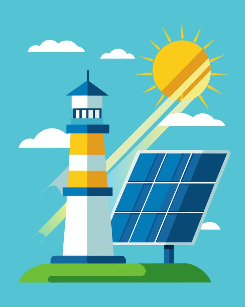 The solar panels glistening in the sun the lighthouse stands as a symbol of environmentallyfriendly technology.. illustration. vector