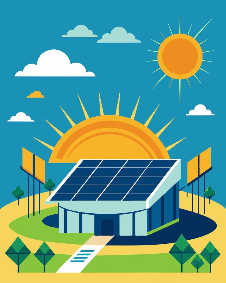The stadiums switch to solar energy has not only reduced its carbon footprint but also saved the organization thousands of dollars in energy costs.. illustration. vector