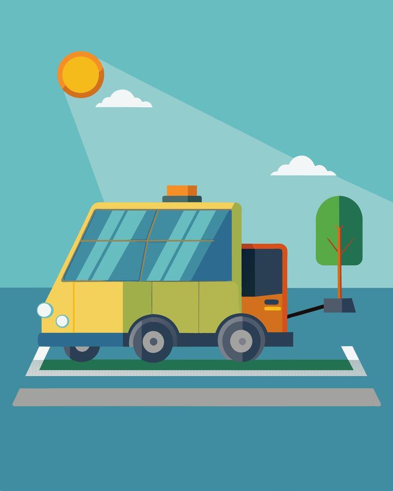 The solarpowered street sweeping machine hums quietly as it makes its way along the road its solar panels soaking up the suns rays to power its cleaning capabilities.. illustration vector