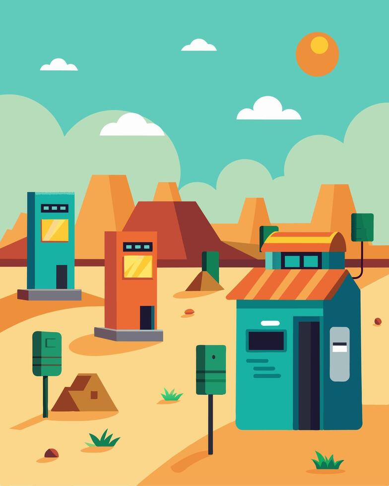 The small village in the desert installed solarpowered ATMs to cater to the needs of its community.. illustration. vector