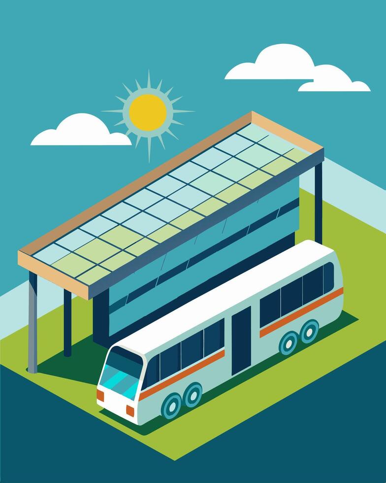 The sleek modern design of the bus depot seamlessly incorporates solar panels on the walls and roof creating a sustainable and futuristic look.. illustration. vector