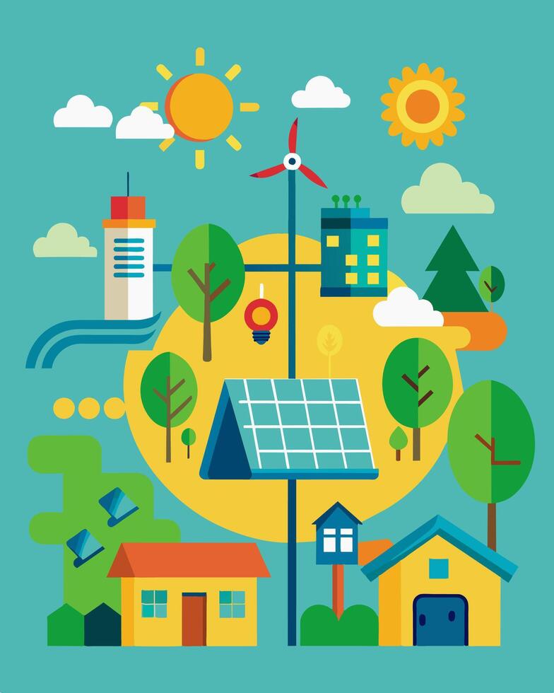 The Solar Energy Cooperative providing affordable and clean energy for the entire community reducing the reliance on fossil fuels.. illustration. vector