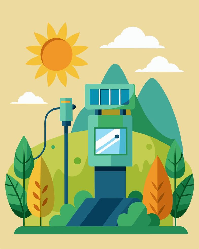 The solarpowered charging station blends seamlessly into its natural surroundings with its ecofriendly design and renewable energy source.. illustration. vector