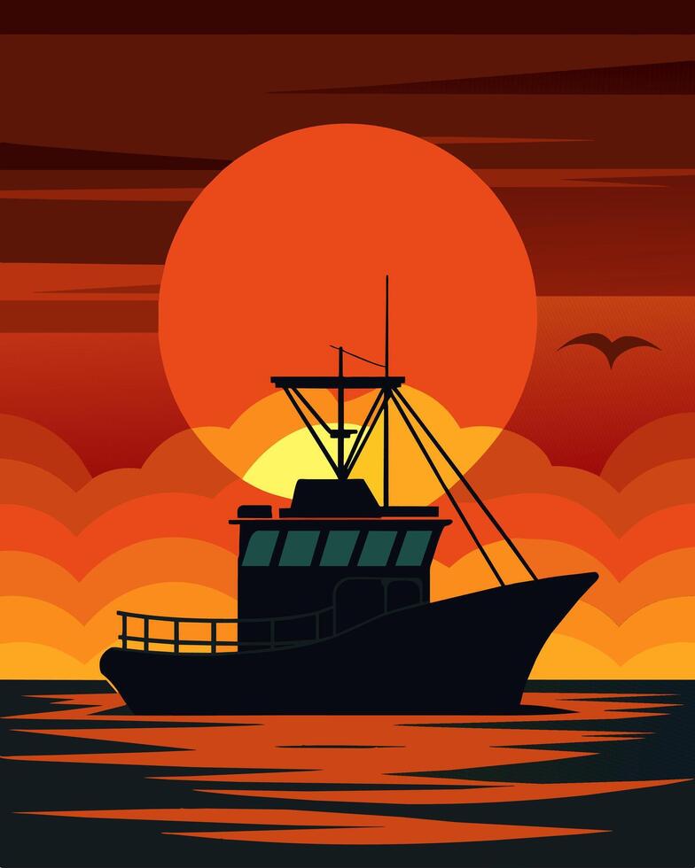 The silhouette of a solarpowered fishing boat against a fiery orange sky as the sun sets over the ocean.. illustration. vector