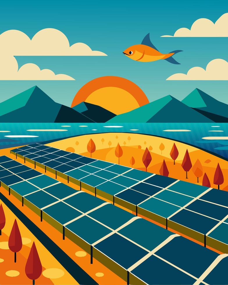 Vast fields of solar panels stretching as far as the eye can see providing renewable energy for the bustling fish farm below.. illustration. vector